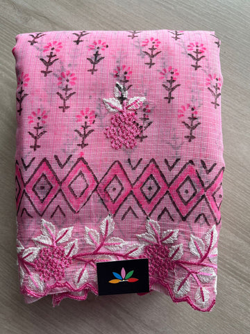 Persian Pink Printed Cutwork Border Embroidered Kota Saree -31003