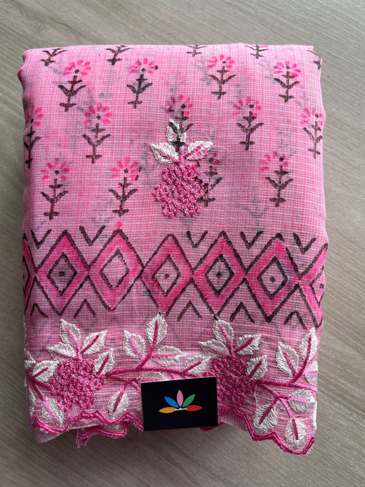 Persian Pink Printed Cutwork Border Embroidered Kota Saree -31003