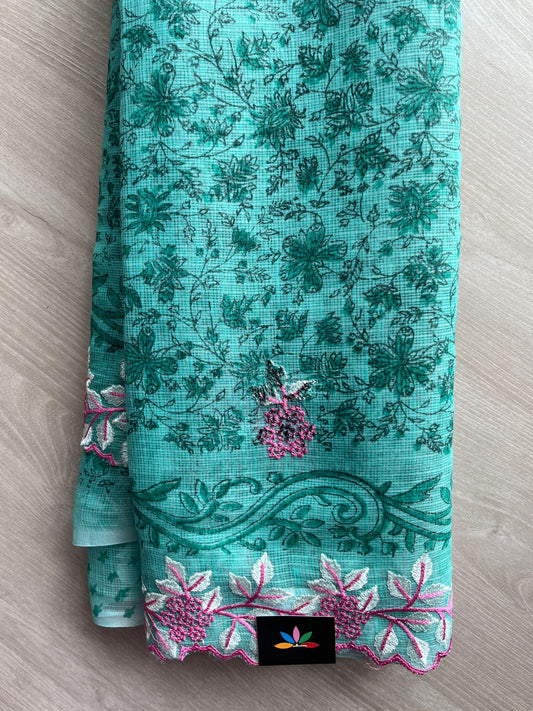 Bright Teal Printed Cutwork Border Embroidered Kota Saree -31004