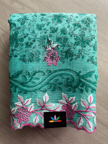 Bright Teal Printed Cutwork Border Embroidered Kota Saree -31004