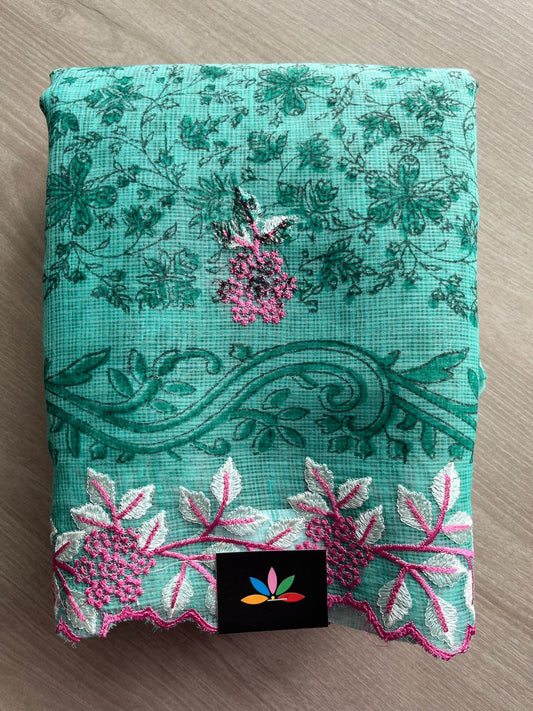 Bright Teal Printed Cutwork Border Embroidered Kota Saree -31004