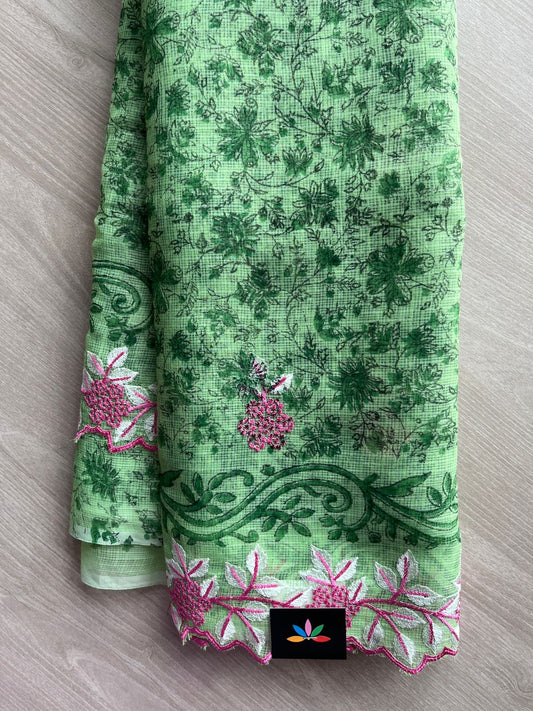 Light Emerald Green Printed Cutwork Border Embroidered Kota Saree -31010
