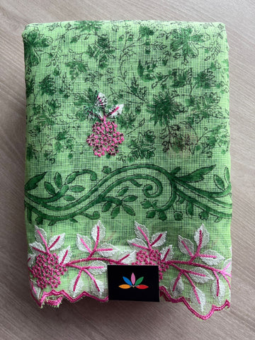 Light Emerald Green Printed Cutwork Border Embroidered Kota Saree -31010
