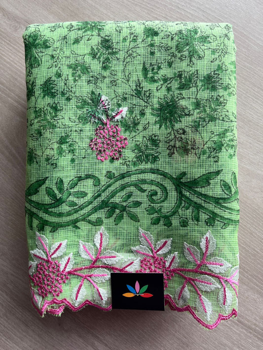Light Emerald Green Printed Cutwork Border Embroidered Kota Saree -31010