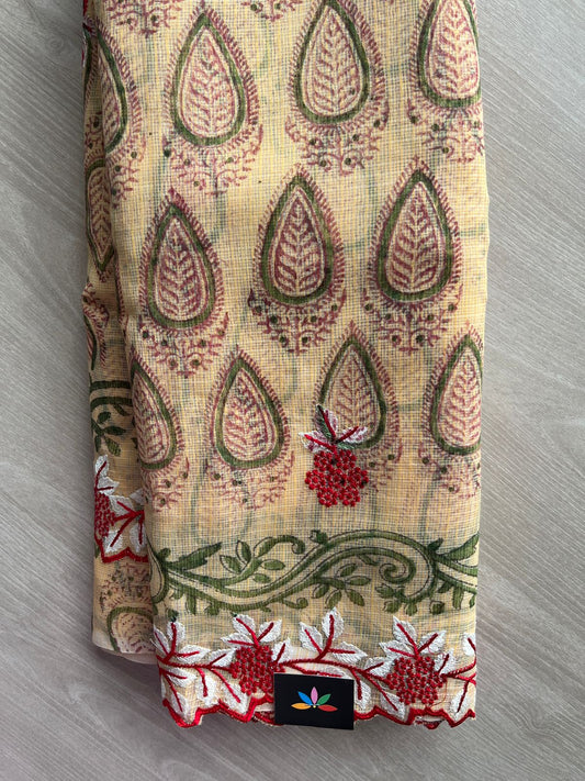 Honey Beige Printed Cutwork Border Embroidered Kota Saree -31011