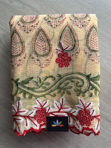 Honey Beige Printed Cutwork Border Embroidered Kota Saree -31011