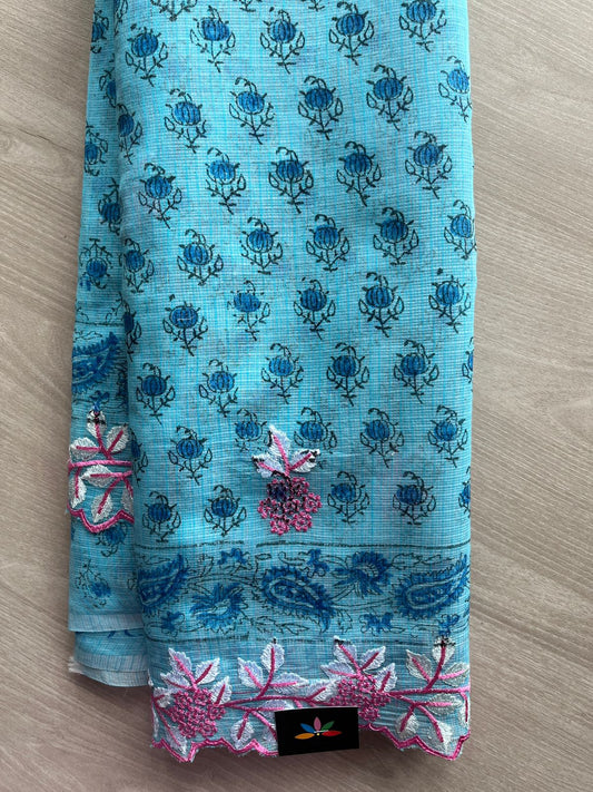 Arctic Blue Printed Cutwork Border Embroidered Kota Saree -31012