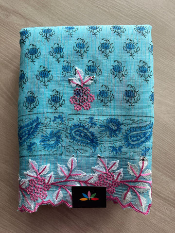 Arctic Blue Printed Cutwork Border Embroidered Kota Saree -31012