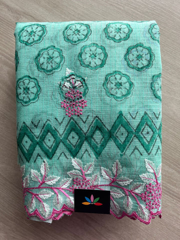 Bright Teal Printed Cutwork Border Embroidered Kota Saree -31013