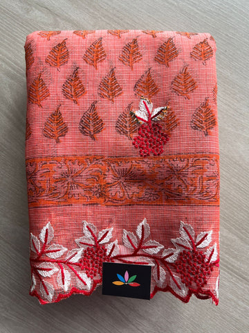 Coral Pink Printed Cutwork Border Embroidered Kota Saree -31014