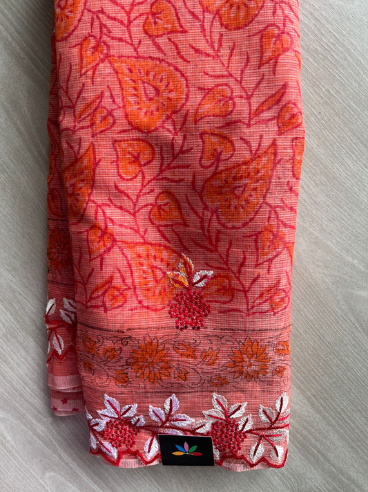 Coral Pink Printed Cutwork Border Embroidered Kota Saree -31018