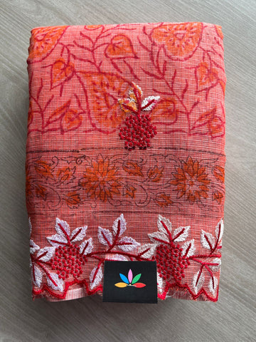 Coral Pink Printed Cutwork Border Embroidered Kota Saree -31018