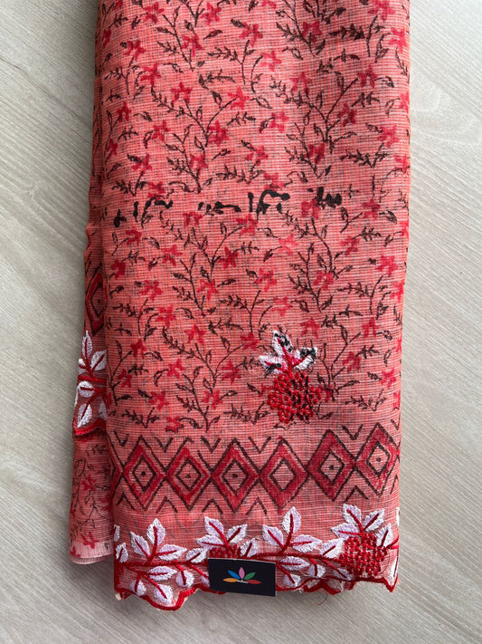 Coral Pink Printed Cutwork Border Embroidered Kota Saree -31019