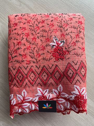 Coral Pink Printed Cutwork Border Embroidered Kota Saree -31019