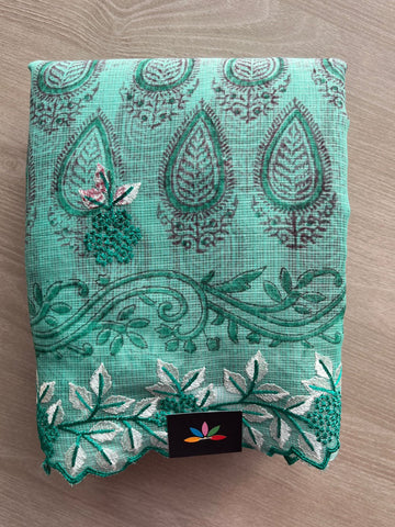Bright Teal Printed Cutwork Border Embroidered Kota Saree -31024