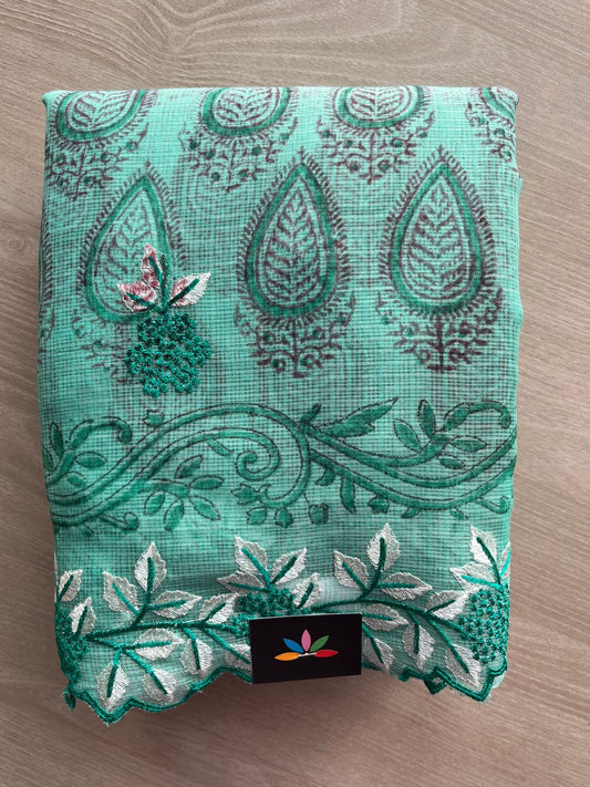 Bright Teal Printed Cutwork Border Embroidered Kota Saree -31024