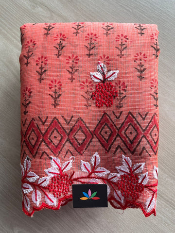 Coral Pink Printed Cutwork Border Embroidered Kota Saree -31026