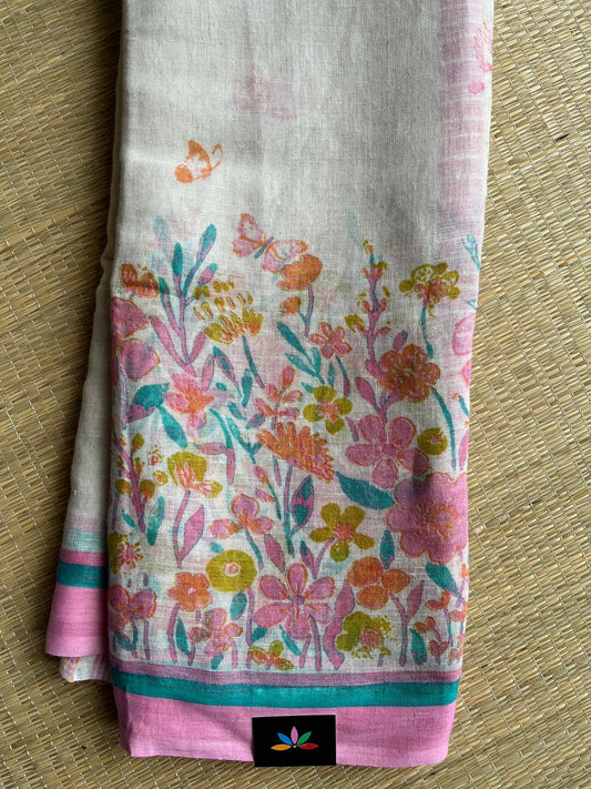 Off White Printed Handloom Fine Linen Saree - 31055