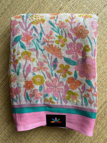 Off White Printed Handloom Fine Linen Saree - 31055