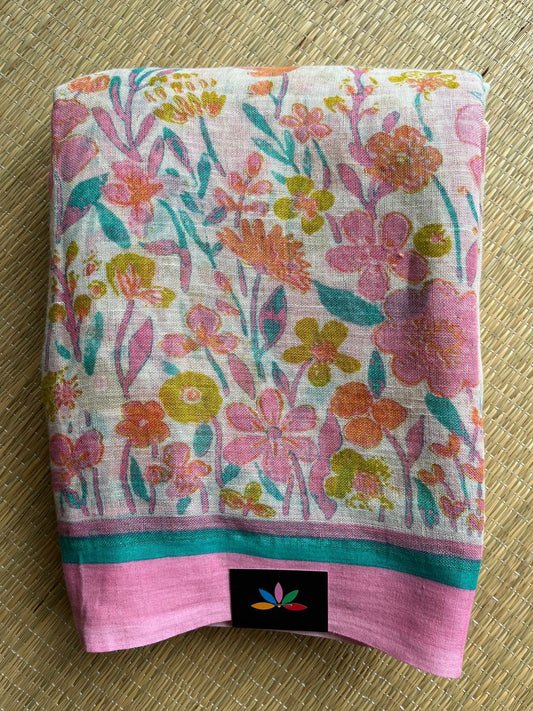 Off White Printed Handloom Fine Linen Saree - 31055