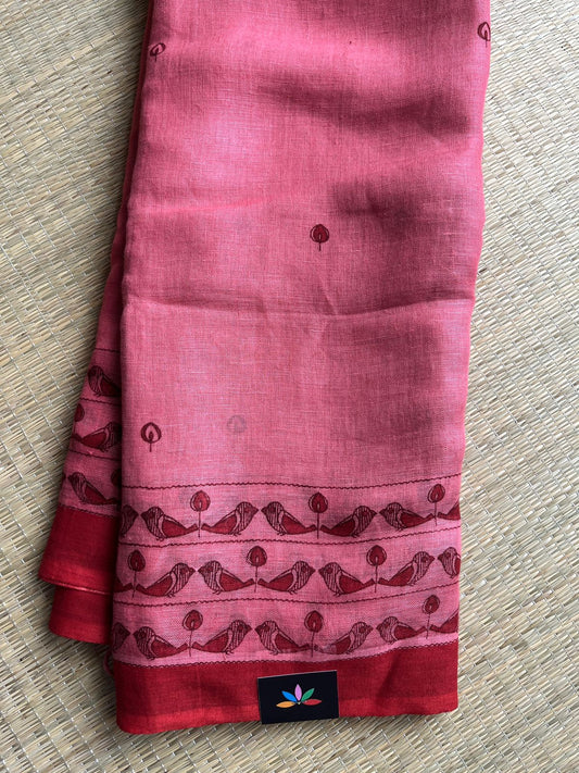 Muted Pink Printed Handloom Fine Linen Saree - 31056