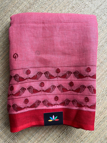 Muted Pink Printed Handloom Fine Linen Saree - 31056