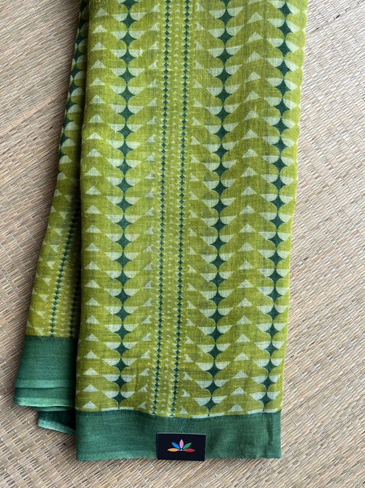 Olive Green Printed Handloom Fine Linen Saree - 31057