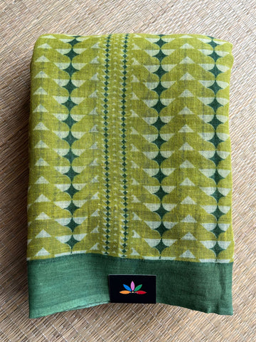Olive Green Printed Handloom Fine Linen Saree - 31057