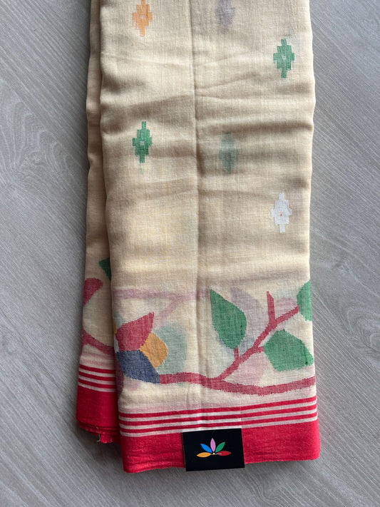 Light Beige Handloom Fine Bengal Soft Cotton Jamdani Saree (Without blouse)-31069