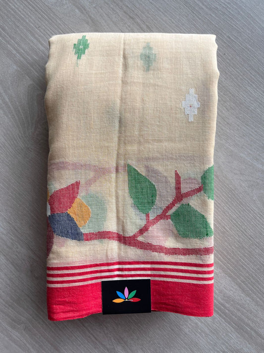 Light Beige Handloom Fine Bengal Soft Cotton Jamdani Saree (Without blouse)-31069