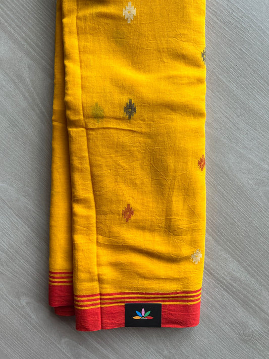 Golden Mustard Yellow Handloom Fine Bengal Soft Cotton Jamdani Saree (Without blouse)-31072