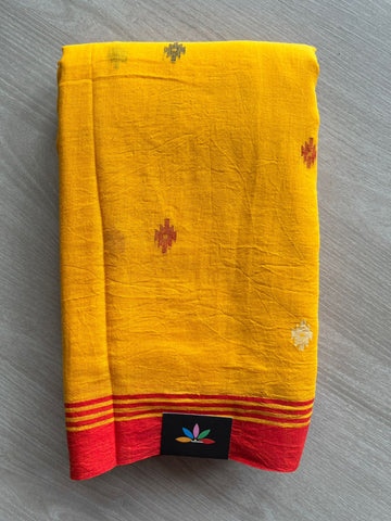 Golden Mustard Yellow Handloom Fine Bengal Soft Cotton Jamdani Saree (Without blouse)-31072