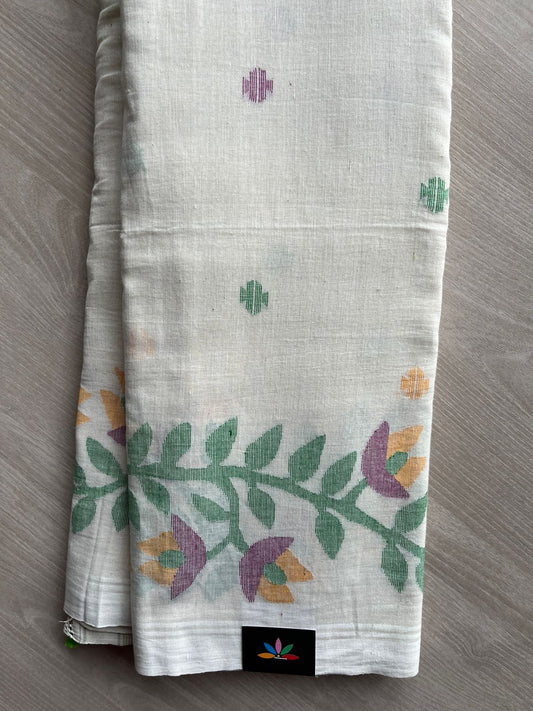 Off White Handloom Fine Bengal Thick Weave Jamdani Cotton Saree (Without blouse)-31073