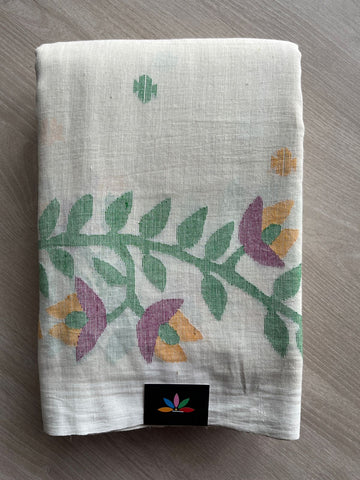 Off White Handloom Fine Bengal Thick Weave Jamdani Cotton Saree (Without blouse)-31073