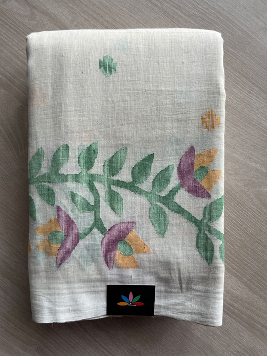 Off White Handloom Fine Bengal Thick Weave Jamdani Cotton Saree (Without blouse)-31073