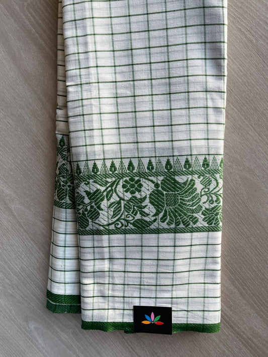 Off White & Leaf Green Checked Handloom Bengal Soft Cotton Saree (Without blouse) -31116-31117