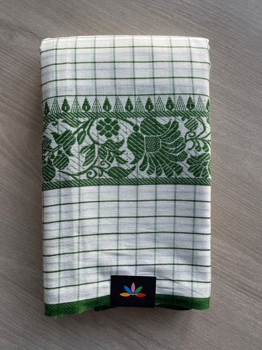 Off White & Leaf Green Checked Handloom Bengal Soft Cotton Saree (Without blouse) -31116-31117