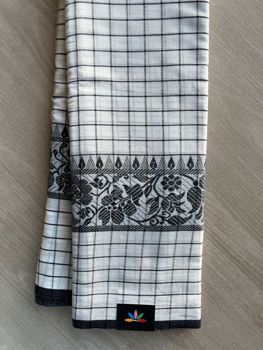 Off White & Black Checked Handloom Bengal Soft Cotton Saree (Without blouse) -31118-31119
