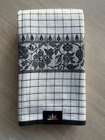 Off White & Black Checked Handloom Bengal Soft Cotton Saree (Without blouse) -31118-31119