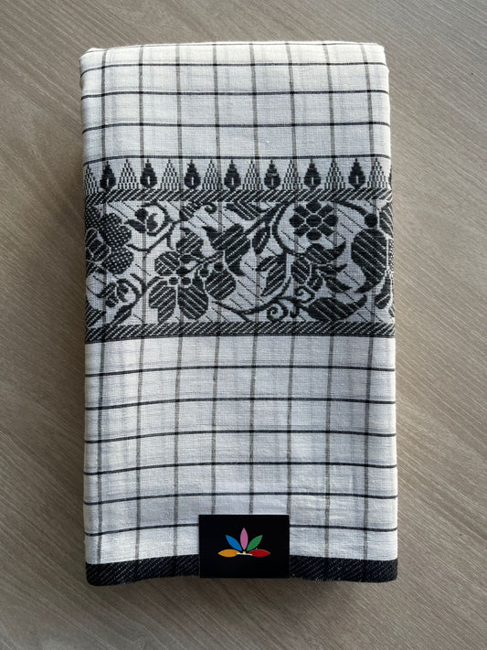 Off White & Black Checked Handloom Bengal Soft Cotton Saree (Without blouse) -31118-31119
