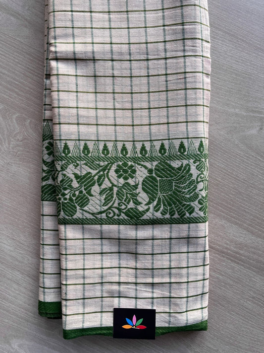 Off White & Leaf Green Checked Handloom Bengal Soft Cotton Saree (Without blouse) -31122-31123