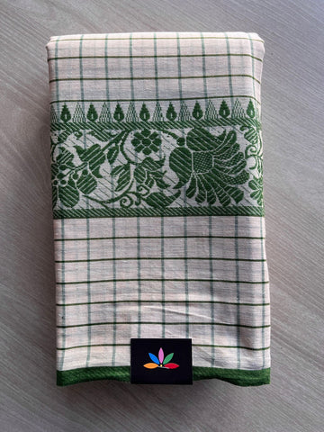 Off White & Leaf Green Checked Handloom Bengal Soft Cotton Saree (Without blouse) -31122-31123
