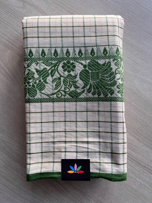 Off White & Leaf Green Checked Handloom Bengal Soft Cotton Saree (Without blouse) -31122-31123