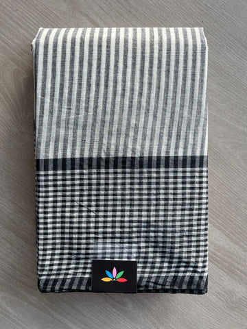 White & Black Simple Stripped Cotton Saree (Without blouse) - 31137-31140