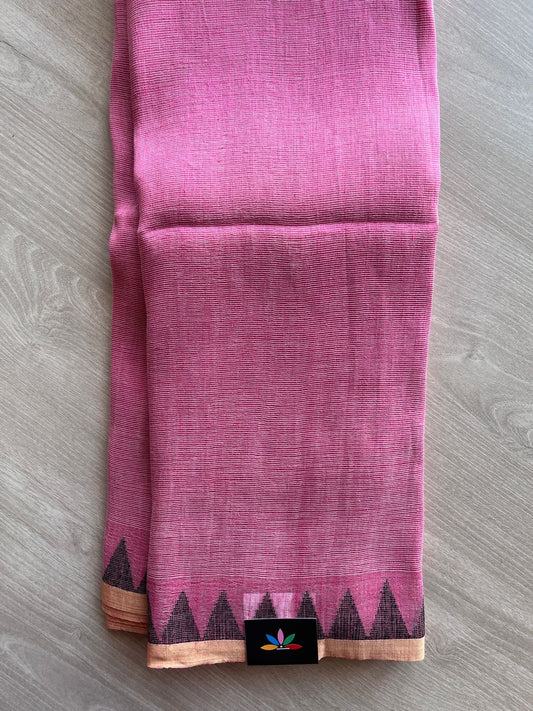 Double Tone (Muted Pink/Off White) Handwoven Temple Border Fine Linen Saree -31242