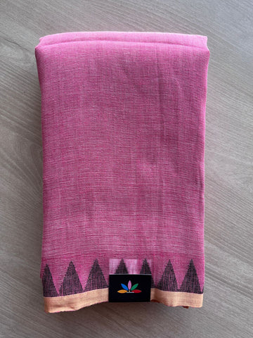 Double Tone (Muted Pink/Off White) Handwoven Temple Border Fine Linen Saree -31242