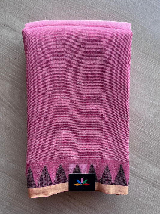 Double Tone (Muted Pink/Off White) Handwoven Temple Border Fine Linen Saree -31242