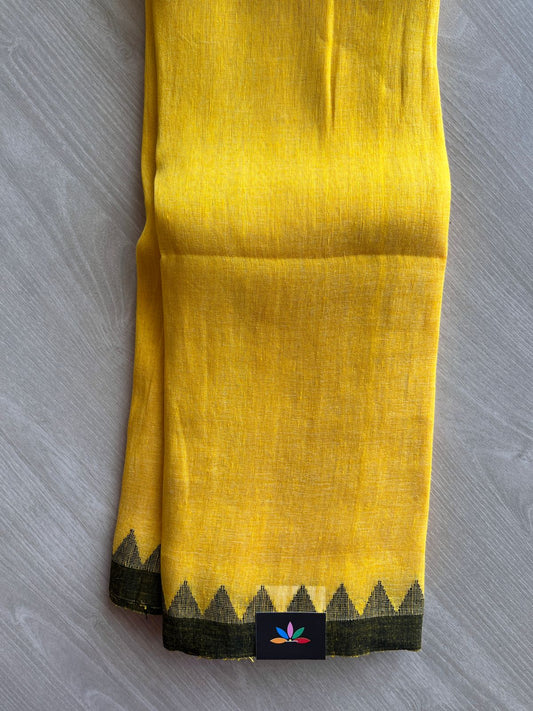 Marigold Yellow Handwoven Temple Border Fine Linen Saree -31243