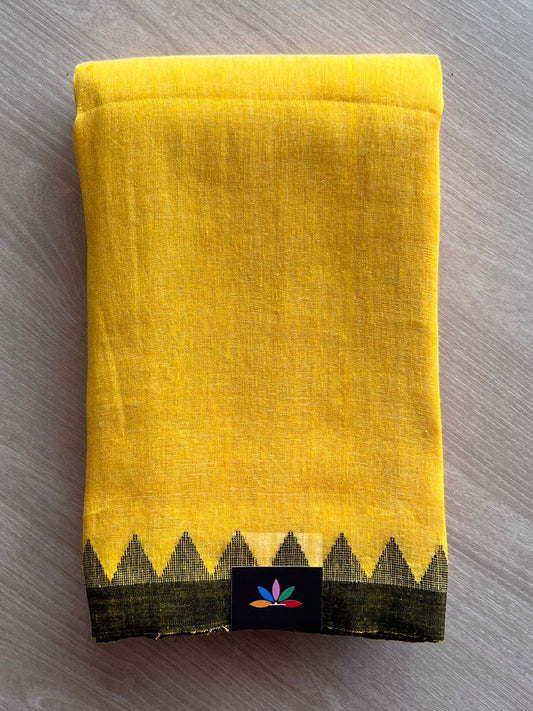 Marigold Yellow Handwoven Temple Border Fine Linen Saree -31243