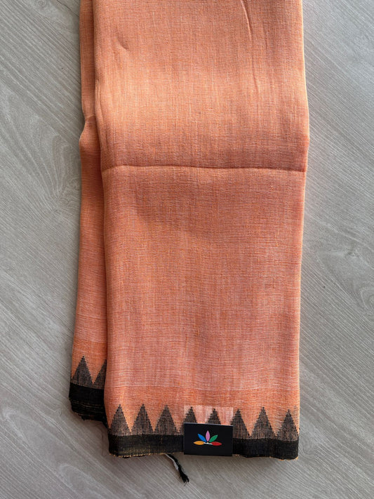 Double Tone (Peach Orange/Off White) Handwoven Temple Border Fine Linen Saree -31245
